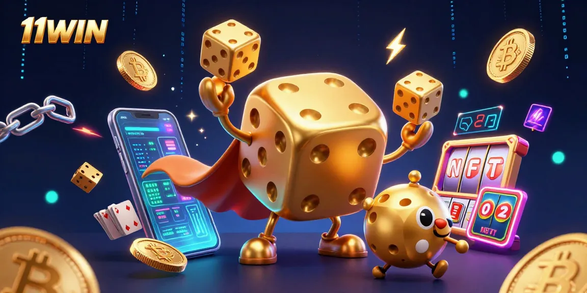 Experience the thrill of gaming with 11WIN, featuring vibrant casino elements and energetic characters.