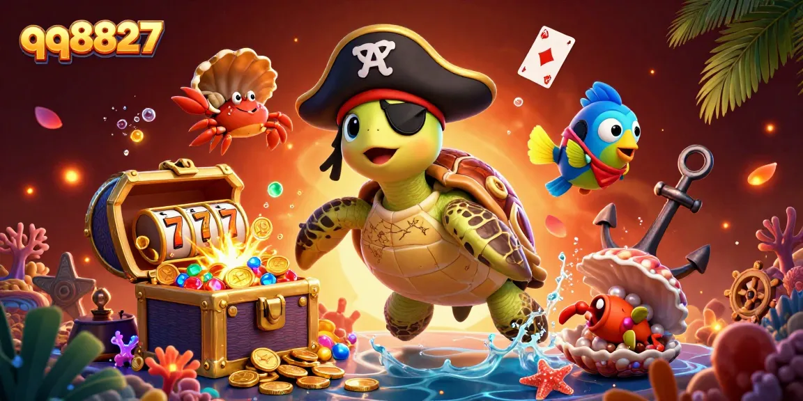 Engage with qq8827's vibrant slots, featuring a cartoon pirate turtle and treasure elements.